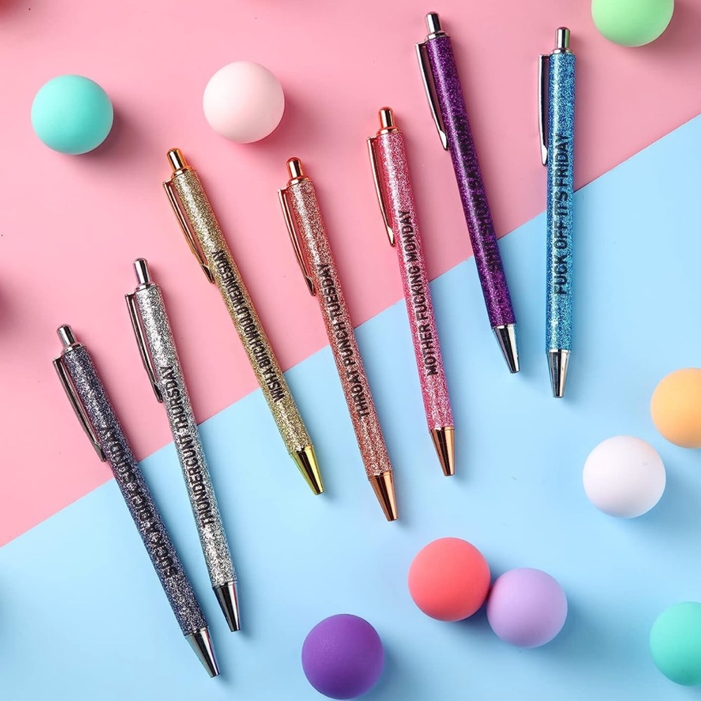 BRAND NEW Set of Funny Seven Days of The Week Glitter Ballpoint Pens